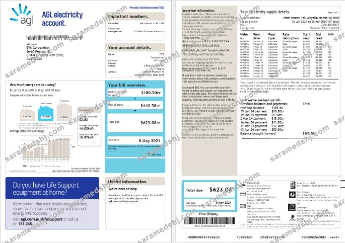 Australia AGL electricity account energy business utility bill, 3 pages, version 2